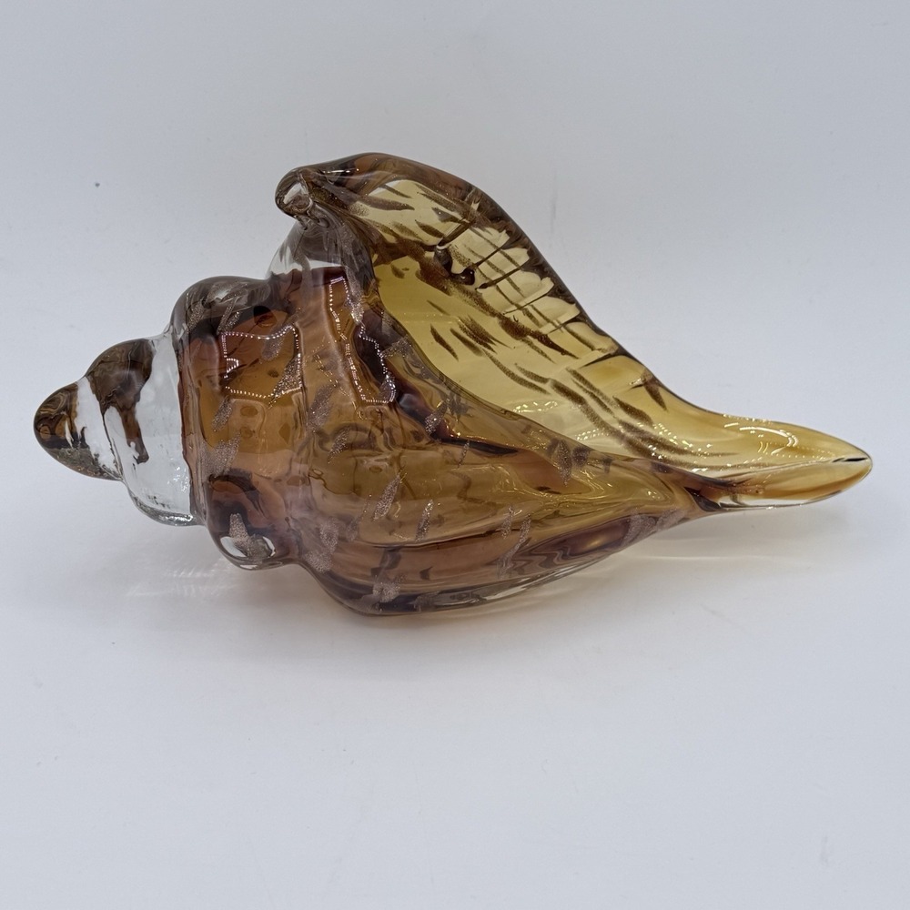 Hand Blown Amber Art Glass Conch Shell Sculpture Figurine Nautical Decor 9"x5"